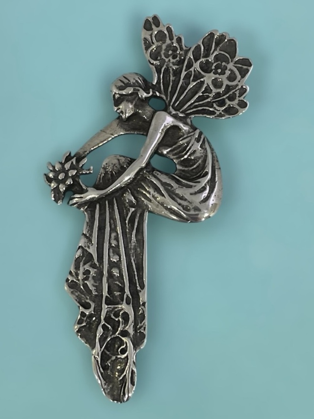 Silver art nouveau large fairy pendant